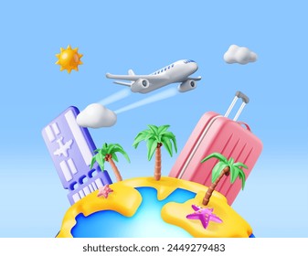 Paisaje 3D de la palmera en la playa, avión, boleto y bolsa. Render Tropical Island con estrellas de mar. Sol con nubes. Concepto de vacaciones de verano. Festiva de verano, hora de viajar. Ilustración vectorial