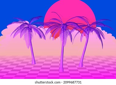 3D landscape with palms row in the sunset light. Retrowave and vaporwave aesthetics.