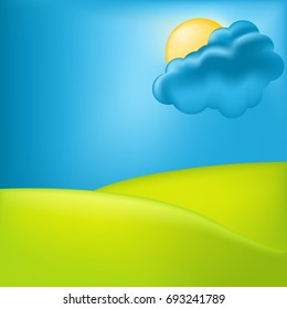 3d landscape with sky, hills, sun and cloud. Cartoon realistic background in bright colors. Eps 10