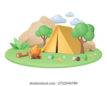 Paisaje 3D con tienda, fogata, árboles y montañas en el fondo. Elementos de plástico de dibujos animados. Fin de semana al aire libre de verano, camping en colinas y bosque. Ilustración vectorial. Aventura, Anuncio de viaje.