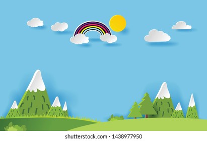 3D landspace concept design. Colorful hand crafted art. Paper cut style. Vector illustration EPS10. 