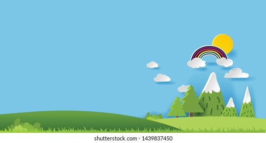 3D landspace concept design. Colorful hand crafted art. Paper cut style. Vector illustration EPS10. 