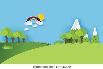 3D landspace concept design. Colorful hand crafted art. Paper cut style. Vector illustration EPS10. 