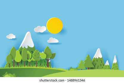 3D landspace concept design. Colorful hand crafted art. Paper cut style. Vector illustration EPS10. 