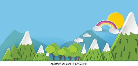 3D landspace concept design. Colorful hand crafted art. Paper cut style. Vector illustration EPS10. 