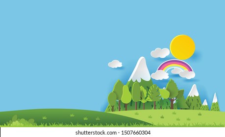 3D landspace concept design. Colorful hand crafted art. Paper cut style. Vector illustration EPS10. 