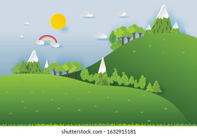 3D landspace concept design. Colorful hand crafted art. Paper cut style. Vector illustration EPS10. 