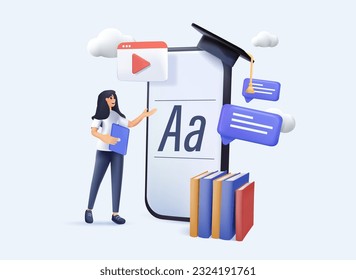 3D Language school concept banner with character. Can use for web banner, infographics, hero images. 3D cartoon vector illustration isolated on background