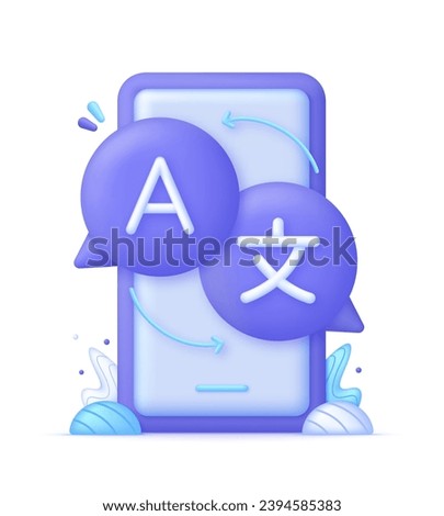 3D Language translation on Phone. E-learning and education, learning language courses concept. Dictionary. Multilingual communication. Trendy and modern vector in 3d style.