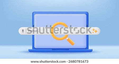 3D laptop with an AI generative bar icon. Concept of Artificial Intelligence. Input prompt as commands for analyzing data and generating idea by AI. Minimalist cartoon icon. Modern vector in 3D style