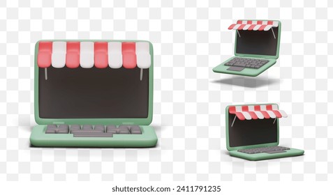 3D laptop with black screen and striped shop canopy. Vector mockups for online store advertising
