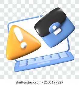 3D laptop with blank screen, briefcase, yellow attention sign. Set of vector templates