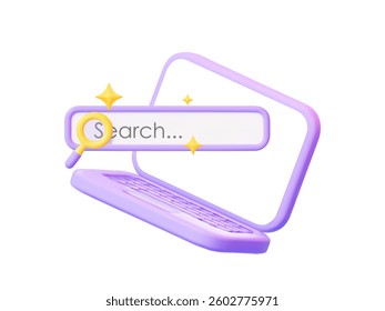 3D laptop with a blank screen and integrated search bar. Concept of internet search, SEO optimization, web security, and user interface. Vector 3D illustration.