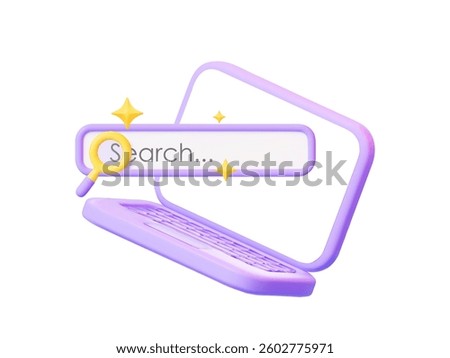 3D laptop with a blank screen and integrated search bar. Concept of internet search, SEO optimization, web security, and user interface. Vector 3D illustration.