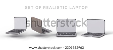 3d laptop from different angles. Set of realistic minibook images. Modern device for work and communication. Icons with shadows. Laptop with blank screen