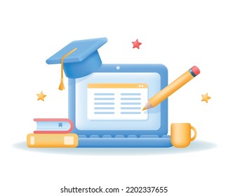 3d laptop with document on screen, books and Graduate cap. Education, e-learning, online courses concept. Vector illustration isolated on white background.