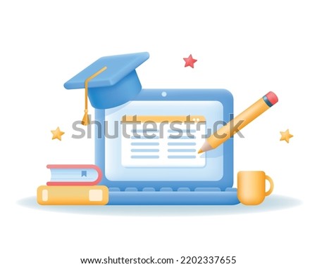 3d laptop with document on screen, books and Graduate cap. Education, e-learning, online courses concept. Vector illustration isolated on white background.