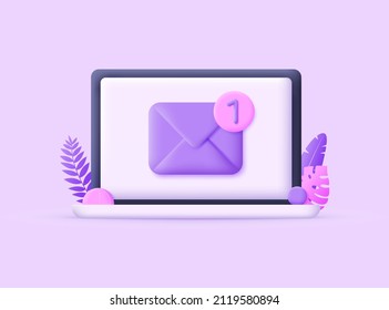3d laptop and e-mail notification on the screen isolated on light background. Email notification concept. Trendy and modern vector in 3d style.