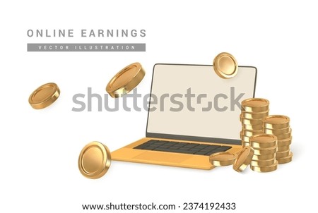 3D laptop with gold coins stack in cartoon style. Online earnings. Vector illustration.