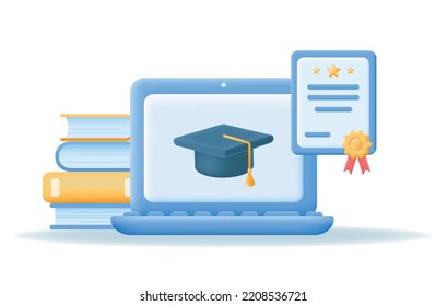 3D-Laptop mit Graduate Cap auf Bildschirm, Bücher und Diplom. Online-Bildung, E-Learning, Online-Kurse Konzept. Vektorgrafik einzeln auf weißem Hintergrund.