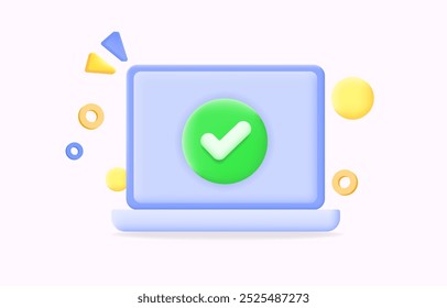Portátil 3D con un icono de marca de verificación verde. Perfecto para representar el éxito, Aprobación, Ilustración vectorial