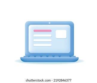 Icono de 3 d laptop. Educación, negocios, concepto de venta en línea. Pantalla del equipo con documento. Ilustración vectorial aislada en fondo blanco.