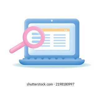 3d laptop icon with magnifying glass. Discovery, search, analysis concept. Computer screen with document. Vector illustration isolated on white background.