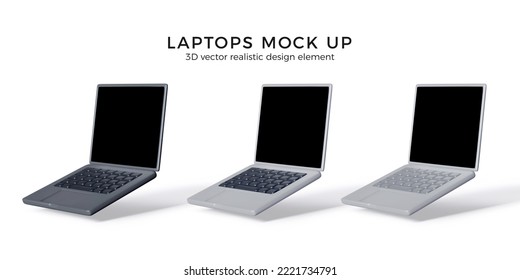 3D laptop mockup in black and silver colors. Realistic render portable computers with black empty screen. Vector illustration isolated on white