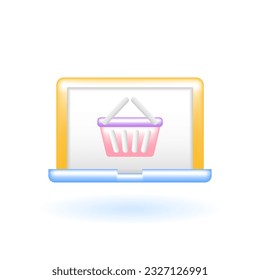 3D Laptop Online Store Basket Cart Icon. Marketing Online Shopping Concept. Glossy Glass Plastic Pastel Color. Cute Realistic Cartoon Minimal Style. 3D Render Vector Icon UX UI Isolated Illustration.