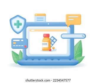 3d laptop with pills on screen. Online Pharmacy concept. Sale, discounts, buying medication concept. Medicine Realistic vector illustration isolated on white background.