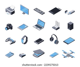 3d laptop, printer, tablet, router, monitor, camera, smartphone, power bank, drone and other portable electronics. Vector set of isometric icons of computer devices, gadgets. Digital technology items