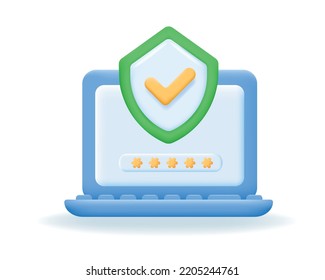 3d laptop with protective system. Protection, safety, password, personal data security and privacy concept. Vector illustration isolated on white background.