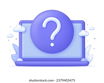 3D Laptop with question mark. FAQ and QA concept. Finding answer for webpage. Trendy and modern vector in 3d style.