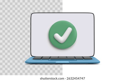 3D Laptop Screen With Green Check Mark Symbol. Online Approval, Verified Access, Or Security Confirmation Concept. Realistic Minimal Vector Illustration.