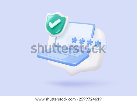 3d laptop screen with lock icon signs for private secure concepts. password firewall secure for protect crime with hacker. 3d notebook password correct buttons icon vector render illustration