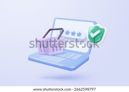 3d laptop screen with lock icon signs for private secure concepts. password firewall secure for protect crime with hacker. 3d notebook password correct buttons icon vector render illustration