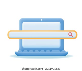 3d Laptop with search line or bubble. Navigation search for browser, template, website, analysis concept. Vector illustration.