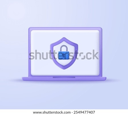 3D Laptop with security shield symbol. 3D design of cyber security and data protection concept. Secure technology. Vector illustration.