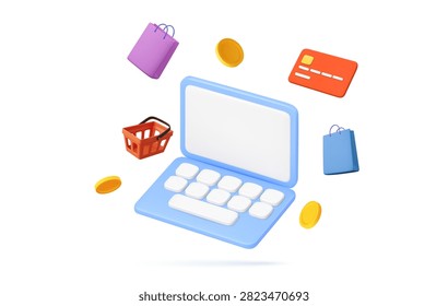 3D laptop surrounded by shopping bags, basket, credit card, and coins represents online retail, checkout, and digital payments. 3d rendering. Vector illustration