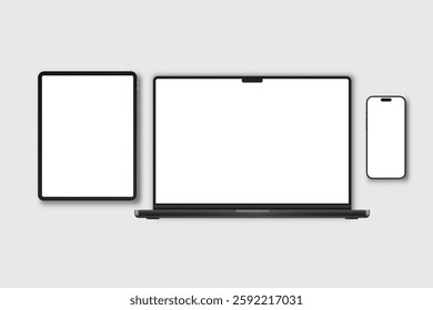 3D laptop, tablet and smartphone digital device mockup with blank screen isolated on background. Technology empty display template for ui, ux, app, ads and website presentation. Vector illustration
