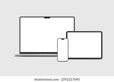 3D laptop, tablet and smartphone digital device mockup with blank screen isolated on background. Technology empty display template for ui, ux, app, ads and website presentation. Vector illustration
