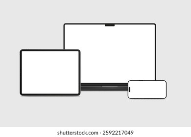 3D laptop, tablet and smartphone digital device mockup with blank screen isolated on background. Technology empty display template for ui, ux, app, ads and website presentation. Vector illustration

