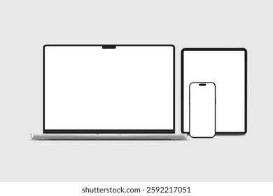 3D laptop, tablet and smartphone digital device mockup with blank screen isolated on background. Technology empty display template for ui, ux, app, ads and website presentation. Vector illustration
