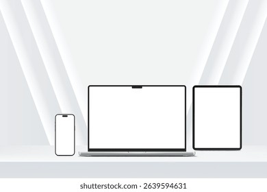 3D laptop, tablet and smartphone digital device mockup with blank screen isolated on background. Technology empty display template for ui, ux, app, ads and website presentation. Vector illustration