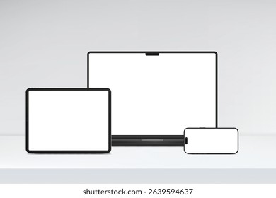 3D laptop, tablet and smartphone digital device mockup with blank screen isolated on background. Technology empty display template for ui, ux, app, ads and website presentation. Vector illustration
