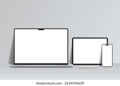 3D laptop, tablet and smartphone digital device mockup with blank screen isolated on background. Technology empty display template for ui, ux, app, ads and website presentation. Vector illustration