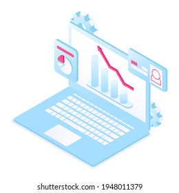 portátil 3d con diversos gráficos y diagramas. Análisis de datos e inversión. Éxito empresarial. Ilustración vectorial en estilo isométrico moderno. Aislado sobre fondo blanco