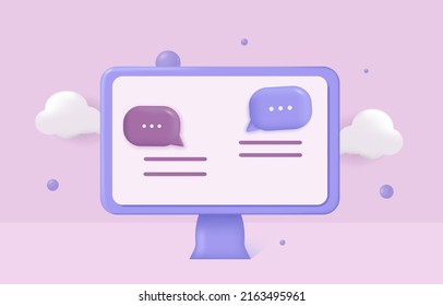 3d laptop. Vector illustration. 3d style laptop. Speech bubbles on laptop. Social media. Chat with communication.