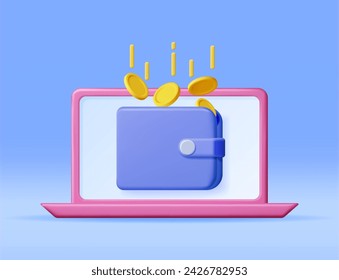 3D Laptop and Wallet with Money Isolated. Concept of Online Income. Earnings in Internet. Render Electronic Wallet. Online Banking. Freelance Work. Growth, Income, Success. Vector illustration