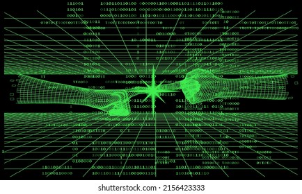 3D laser perspective grid and two low-poly hands going to touch together.Synthwave the 80's like style vector illustration.